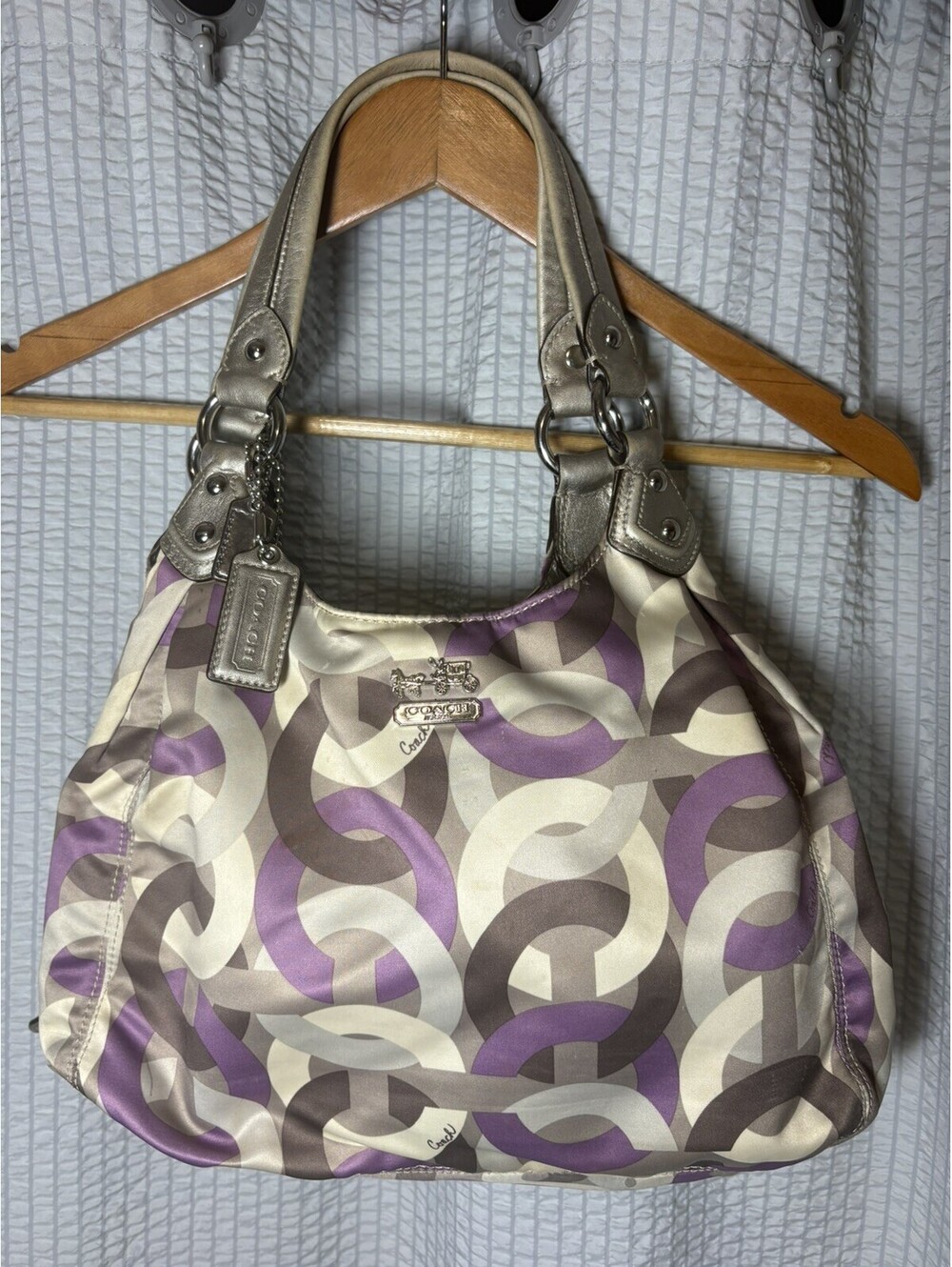 Coach Madison Op Art Chainlink Maggie Shoulder Bag Purple Silver 14420 Sateen